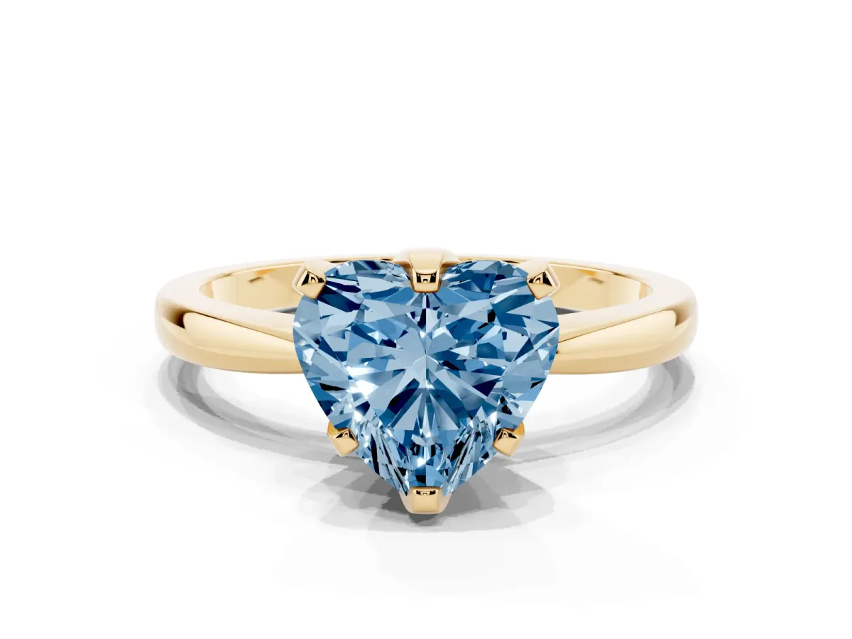 Fancy Blue Heart Cut Solitaire Engagement Ring with Six-Prong Setting and Tapered Band Yellow gold