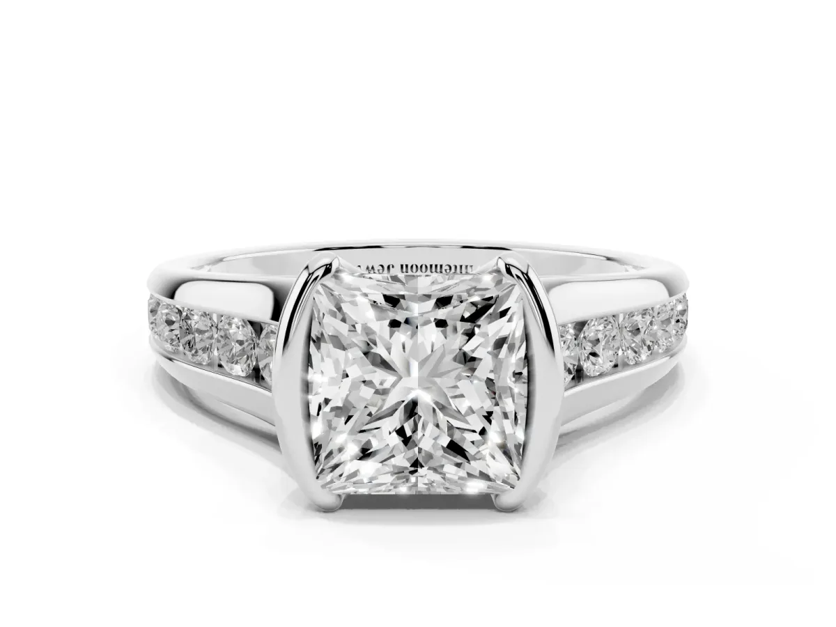 Princess Cut Solitaire Bezel-Set Diamond Ring with Channel-Set Band Platinum