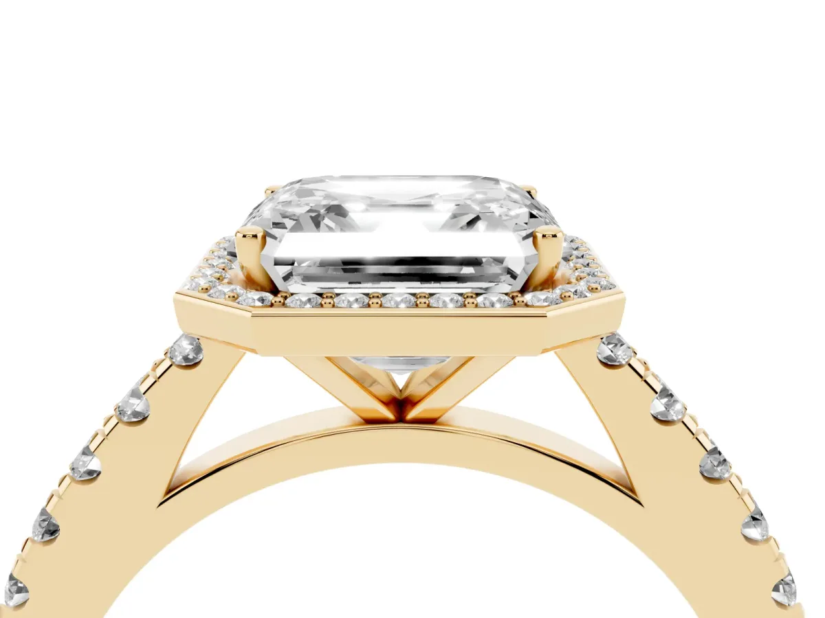 Asscher Cut Cut Halo Diamond Engagement Ring with Pave Band and Four-Prong Setting Yellow gold