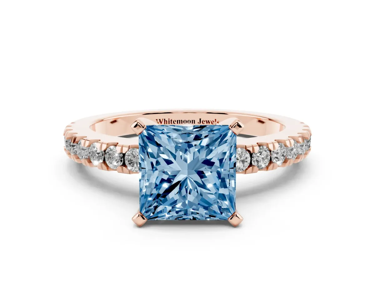 Fancy Blue Princess Cut Solitaire Diamond with Pavé Band and Four-Prong Setting Rose gold