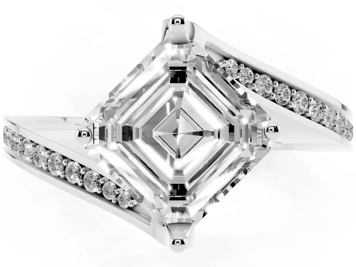 Asscher Cut Solitaire Diamond Twist Band with Pavé Setting and Four-Prong Setting Silver