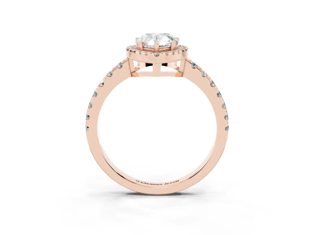 Pear Cut Diamond Halo Ring with Pavé Band and Four-Prong Setting Rose gold