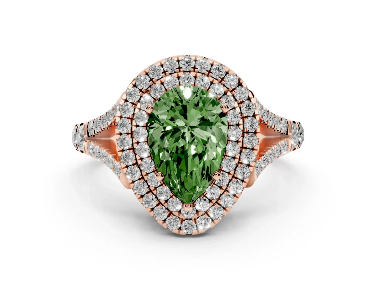 Fancy Green Pear Cut Diamond Pavé Split Shank Double Halo Engagement Ring Rose gold
