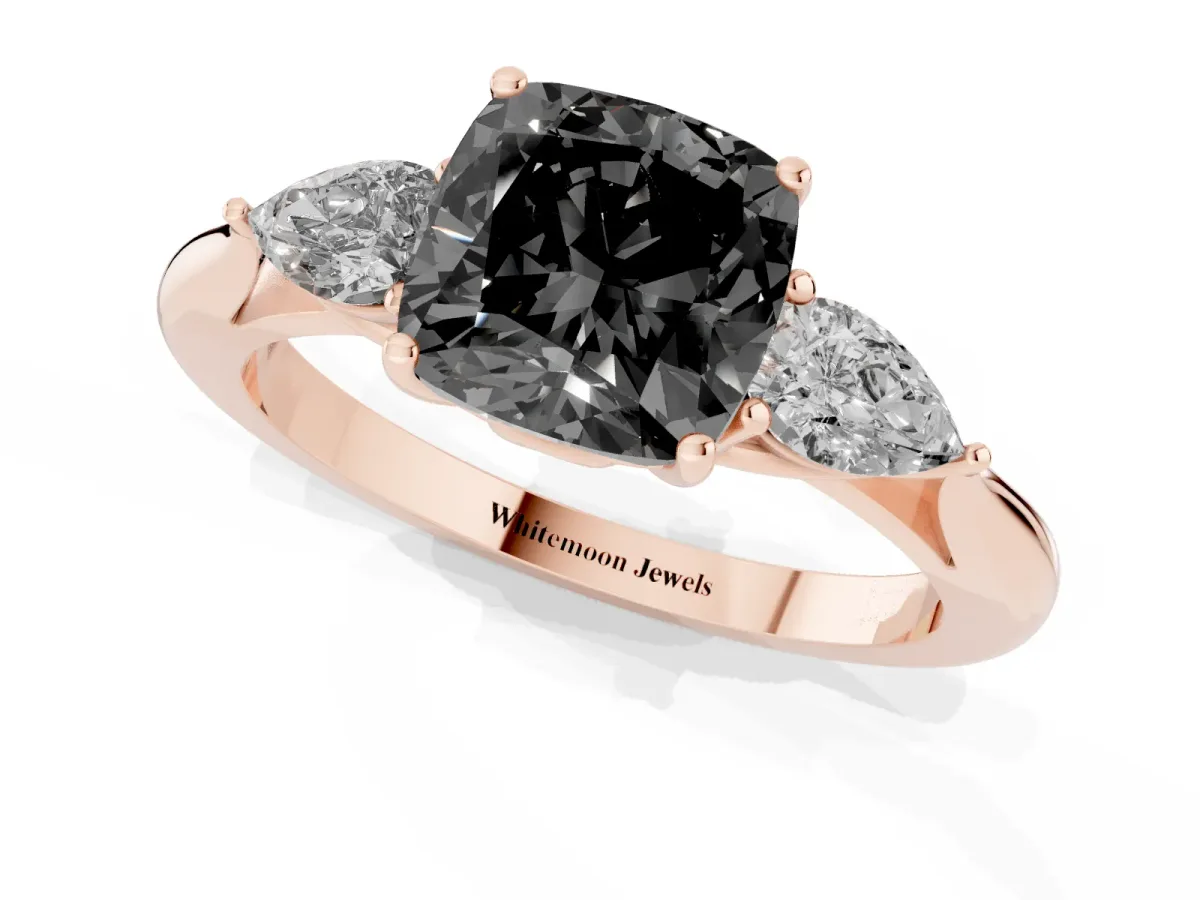 Fancy Black Three-Stone Cushion Cut Brilliant Diamond Solitaire Ring with Tapered Band and Four-Prong Setting Rose gold