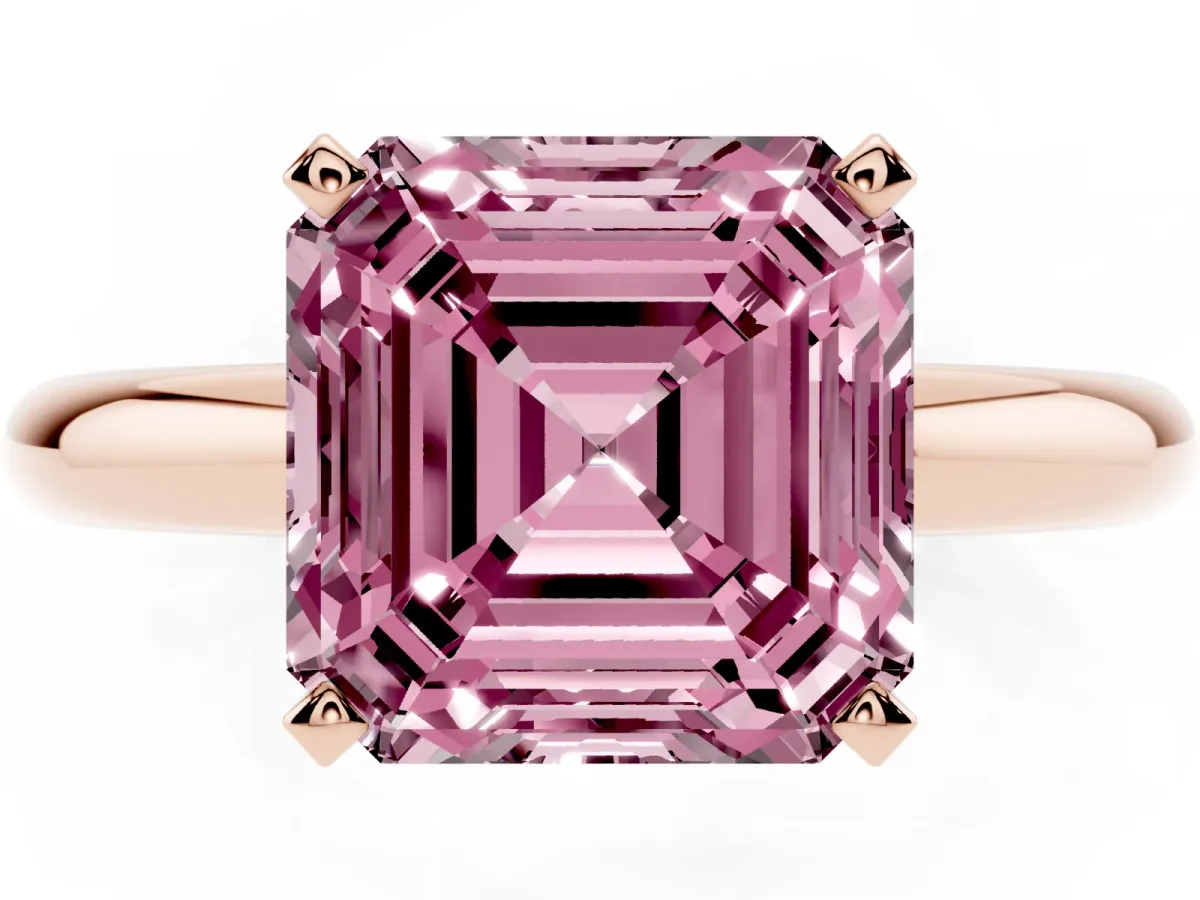 Fancy Pink Asscher Cut Diamond Solitaire Engagement Ring with Round Band and Four-Prong Setting Rose gold