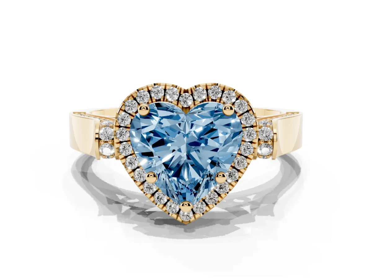 Fancy Blue Heart Cut Halo Pave Split Shank Prong Setting Ring Yellow gold