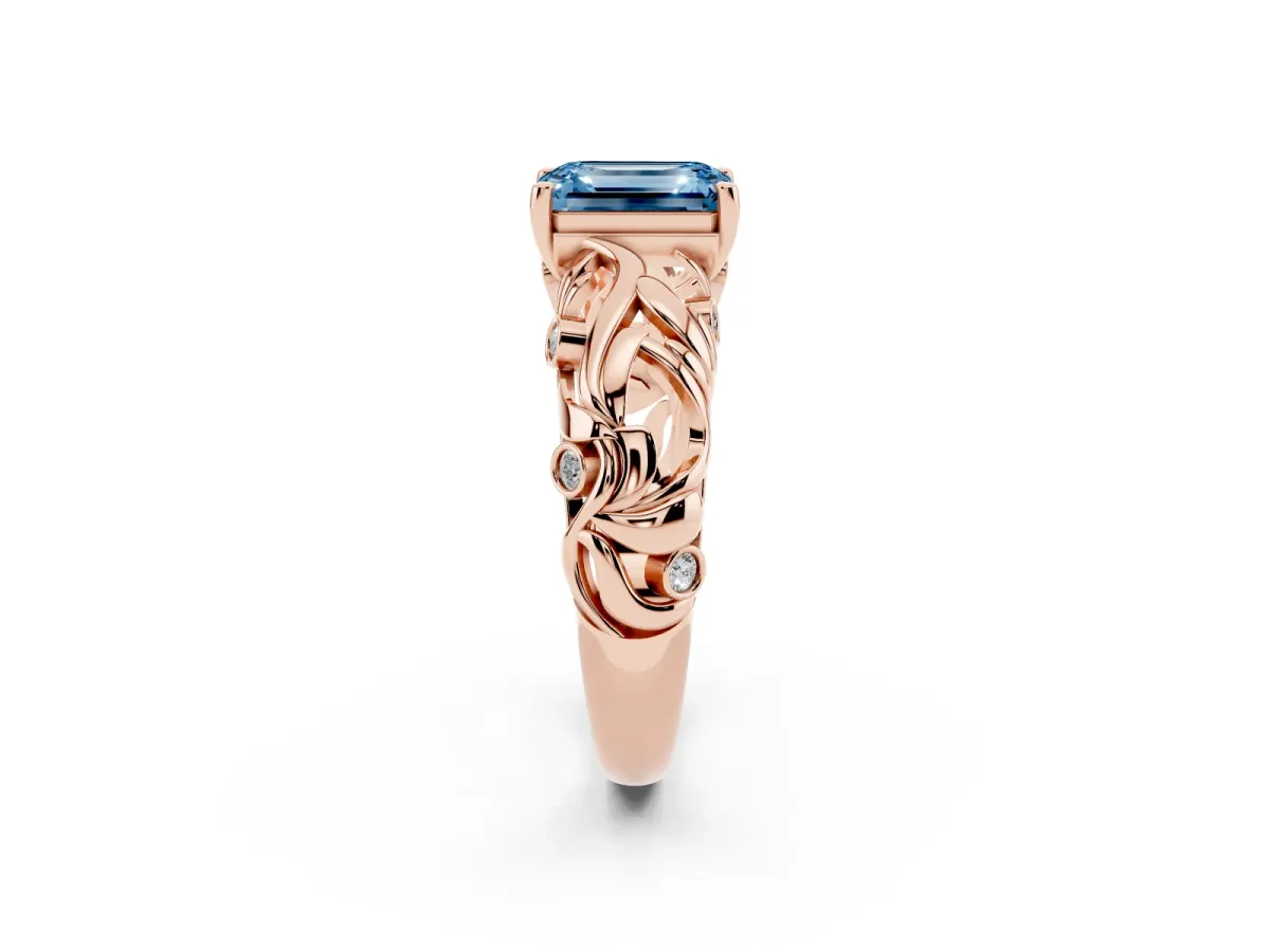 Fancy Blue Emerald Cut Solitaire Diamond Leaf-Inspired Vine Band Ring with Prong Setting Rose gold
