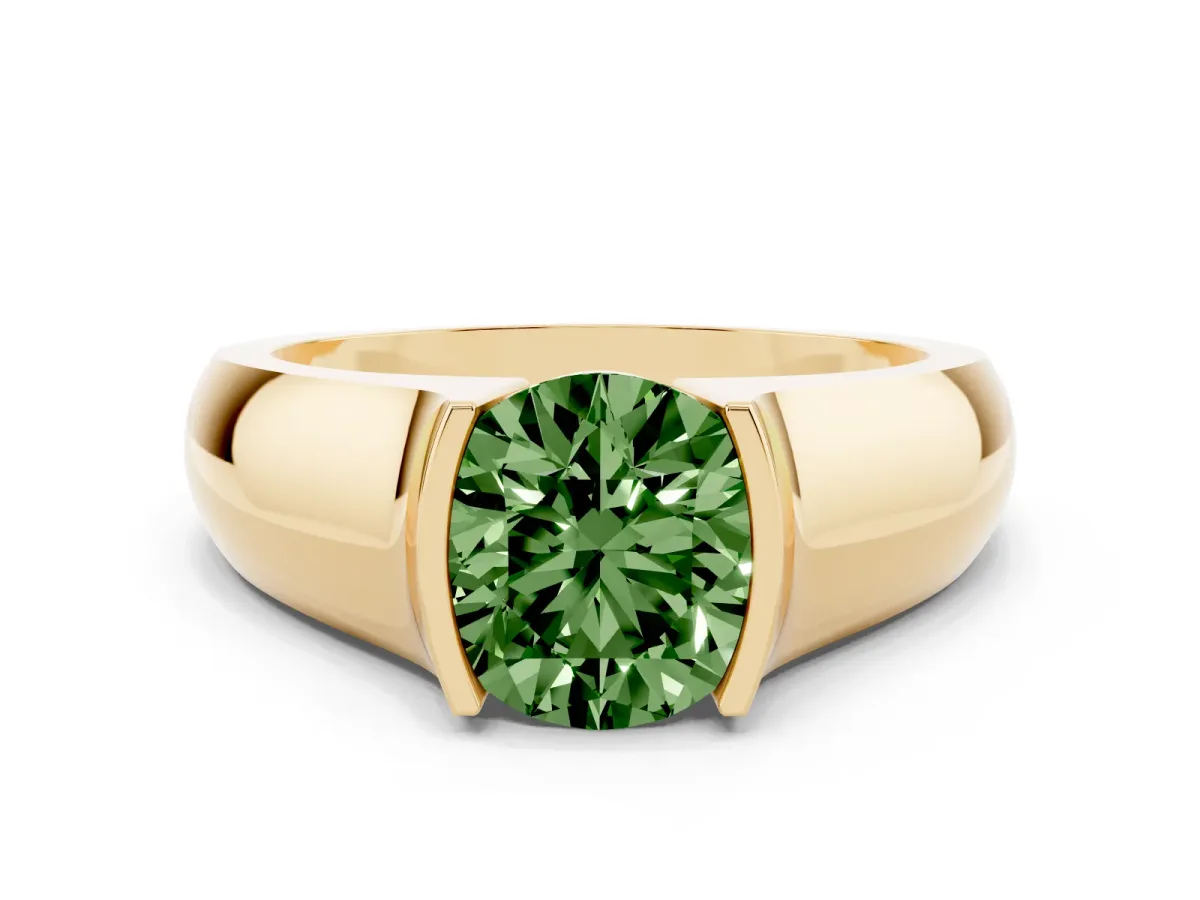 Fancy Green Round Cut Solitaire Bezel Set Diamond Ring with Wide Band Yellow gold