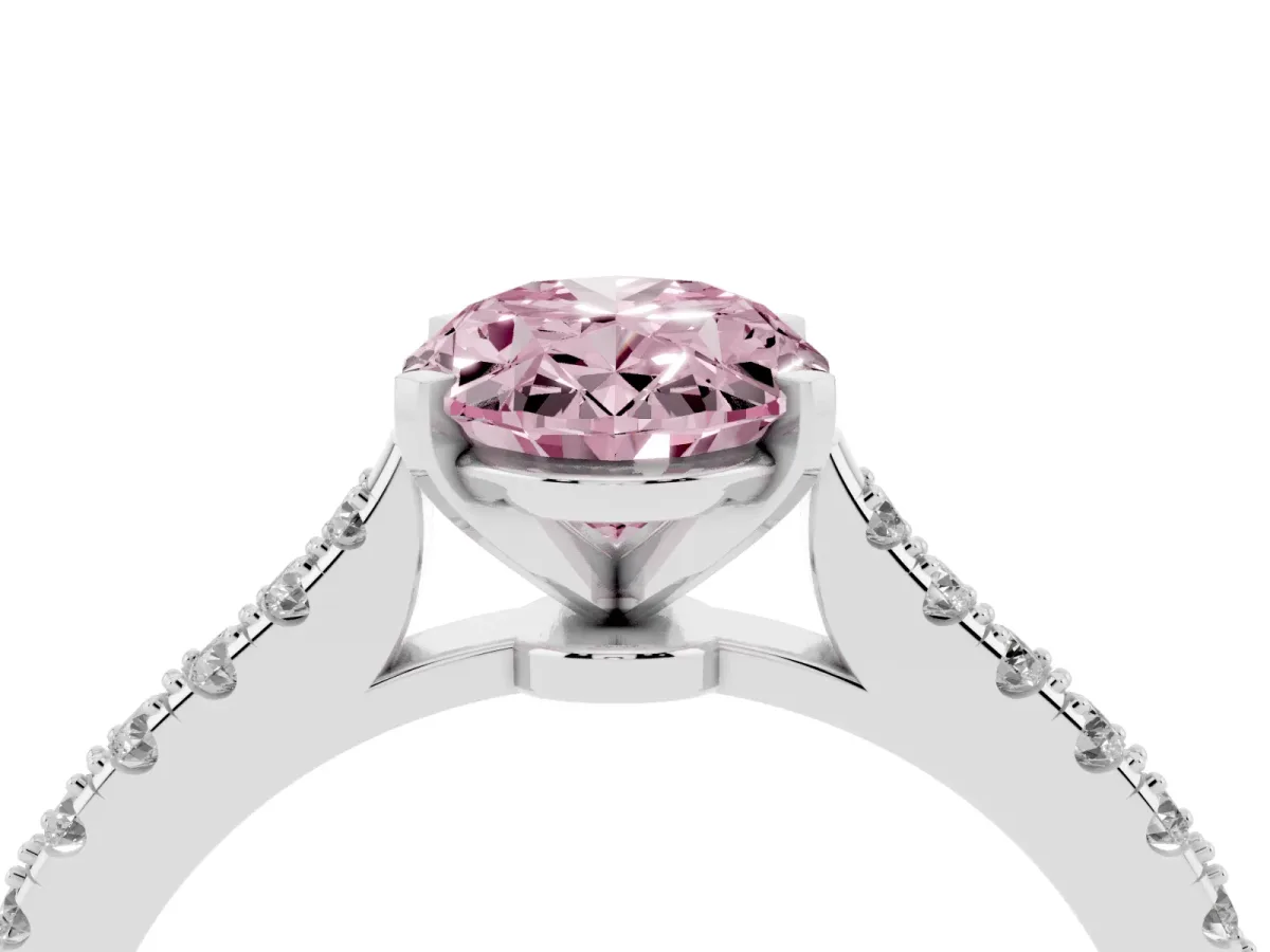 Fancy Pink Oval Cut Cut Solitaire Diamond Engagement Ring with Pave Band and Four-Prong Setting Platinum