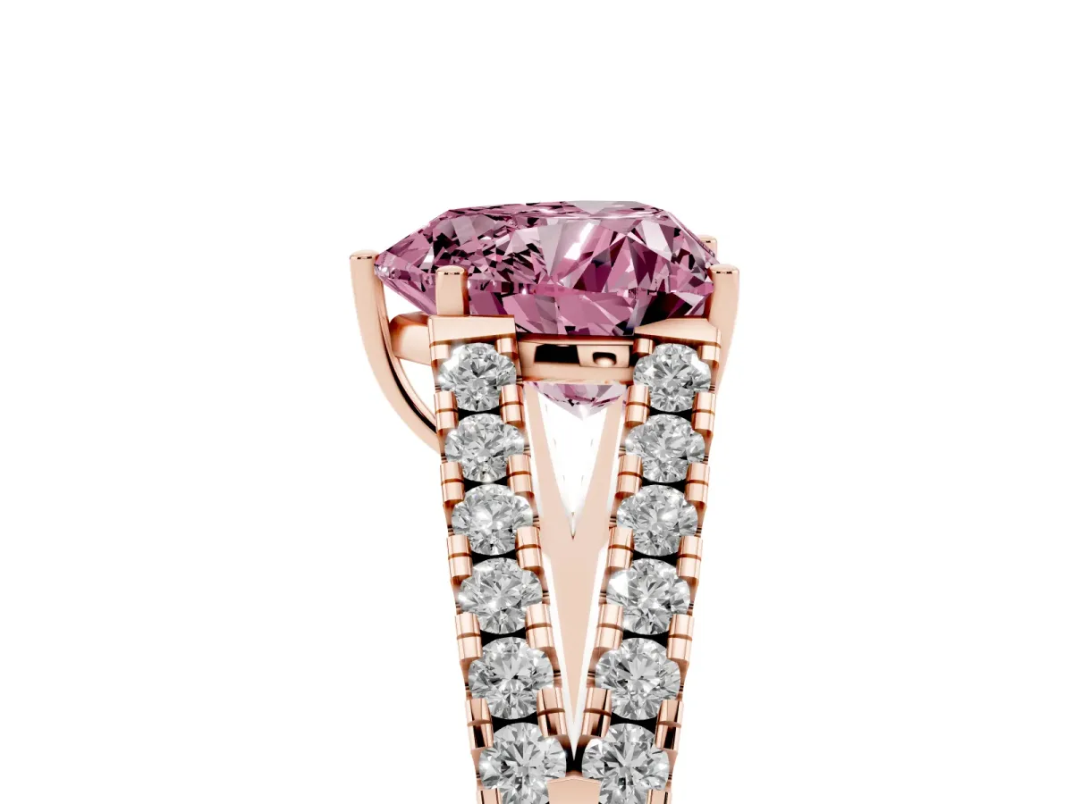 Fancy Pink Heart Cut Diamond Split Shank Engagement Ring with Round Pavé and Prong Setting Rose gold