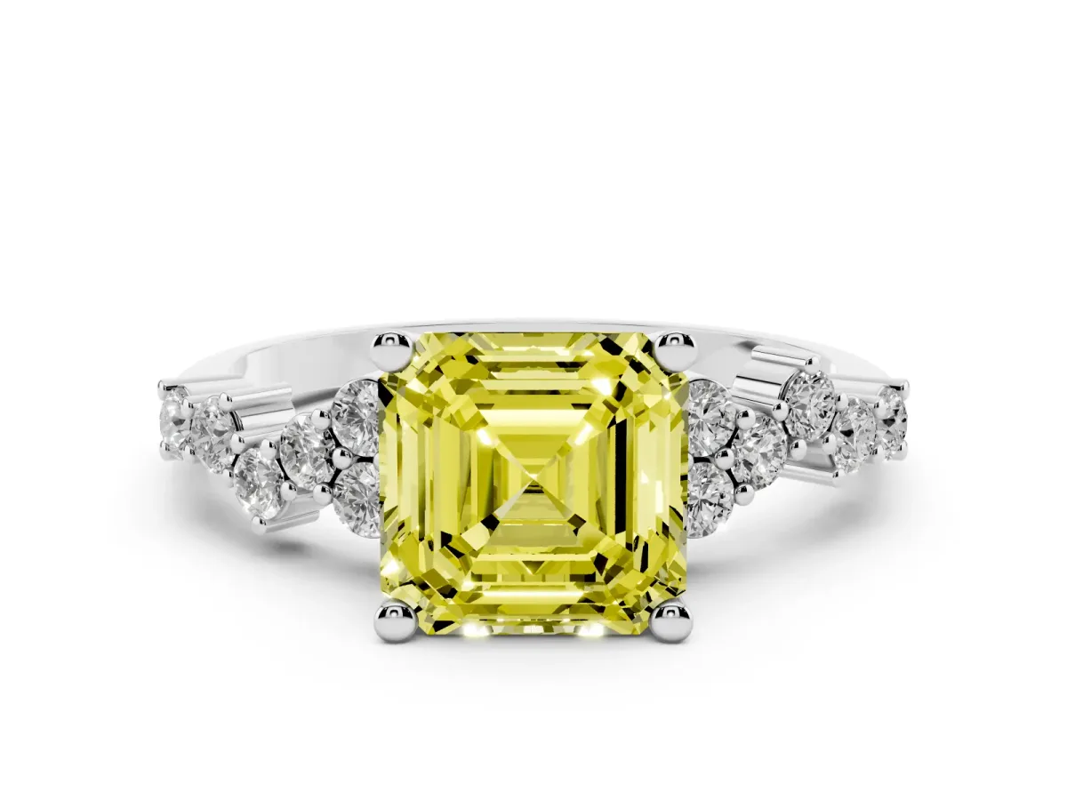 Fancy Yellow Asscher Cut Diamond Scattered Round Accent Ring with Prong Setting Silver