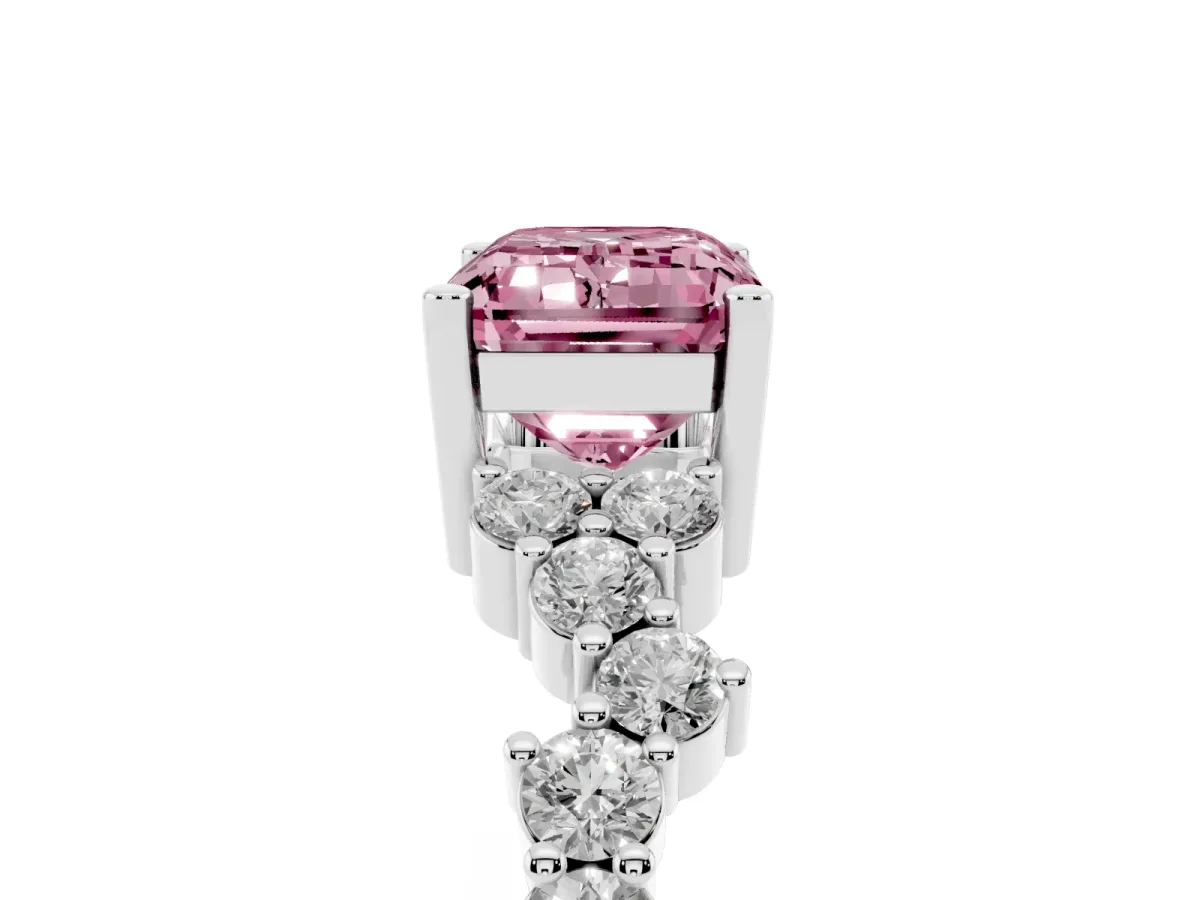 Fancy Pink Emerald Cut Diamond Scattered Round Accent Ring with Prong Setting Silver