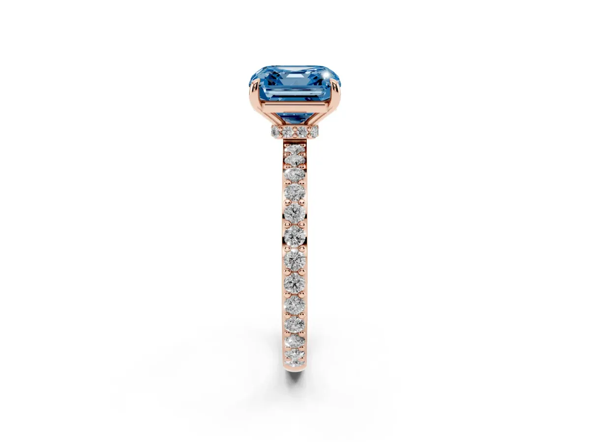Fancy Blue Asscher Cut Diamond Pavé Engagement Ring with Round Accents and Prong Setting Rose gold