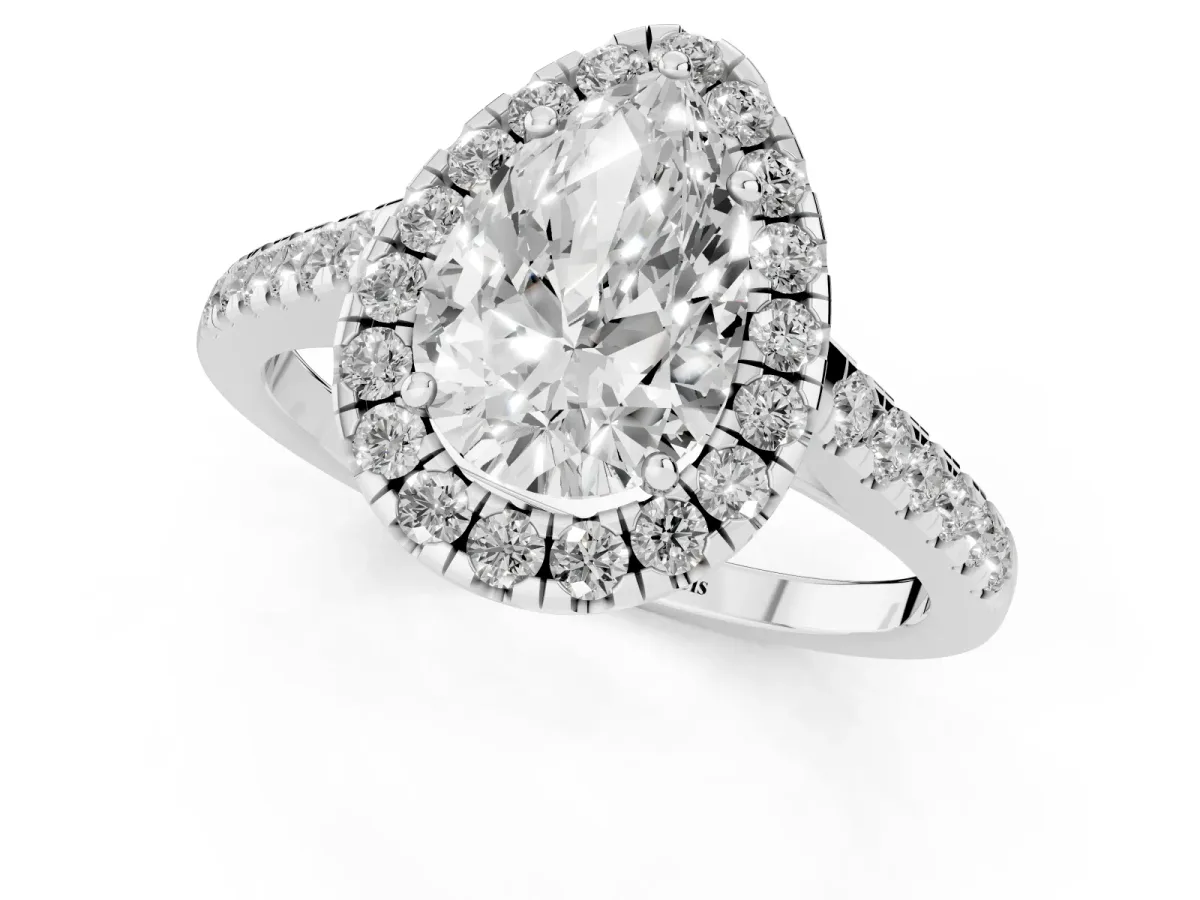 Pear Cut Halo Pave Diamond Engagement Ring with Four-Prong Setting Platinum