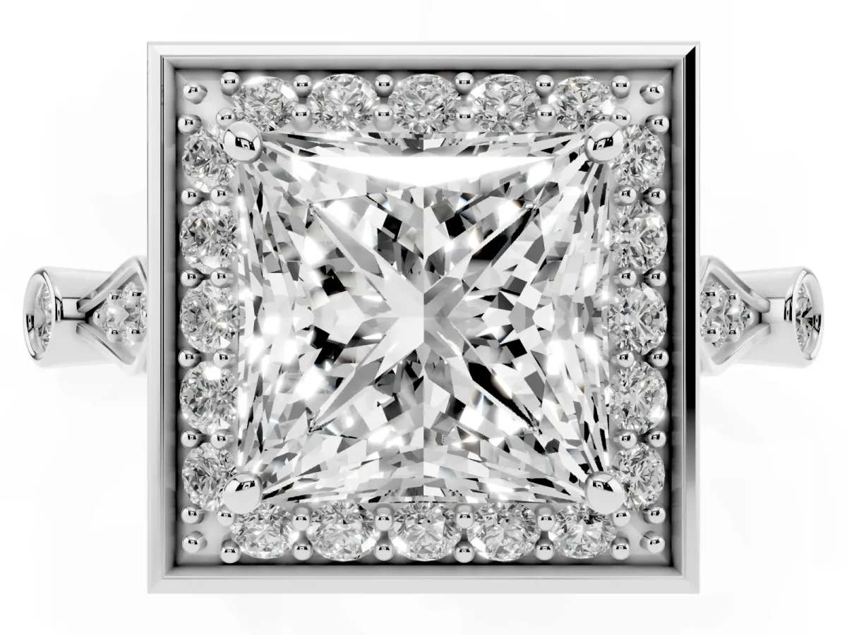 Princess Cut Halo Diamond Engagement Ring with Twisted Band and Four-Prong Setting Platinum