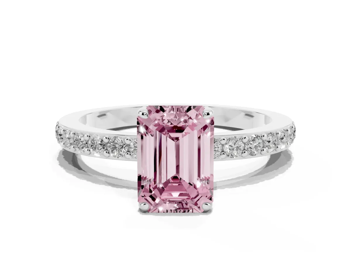 Fancy Pink Emerald Cut Diamond Solitaire Engagement Ring with Pavé Band and Four-Prong Setting Silver