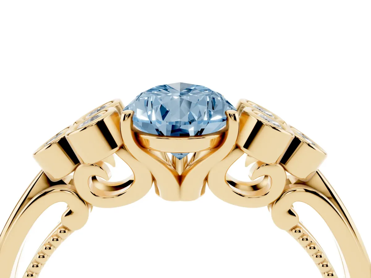 Fancy Blue Pear Cut Cut Diamond Engagement Ring with Bezel Set Round Side Stones and Prong Setting Yellow gold