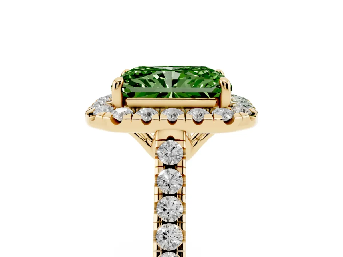 Fancy Green Radiant Cut Halo Pavé Diamond Engagement Ring with Four-Prong Setting Yellow gold