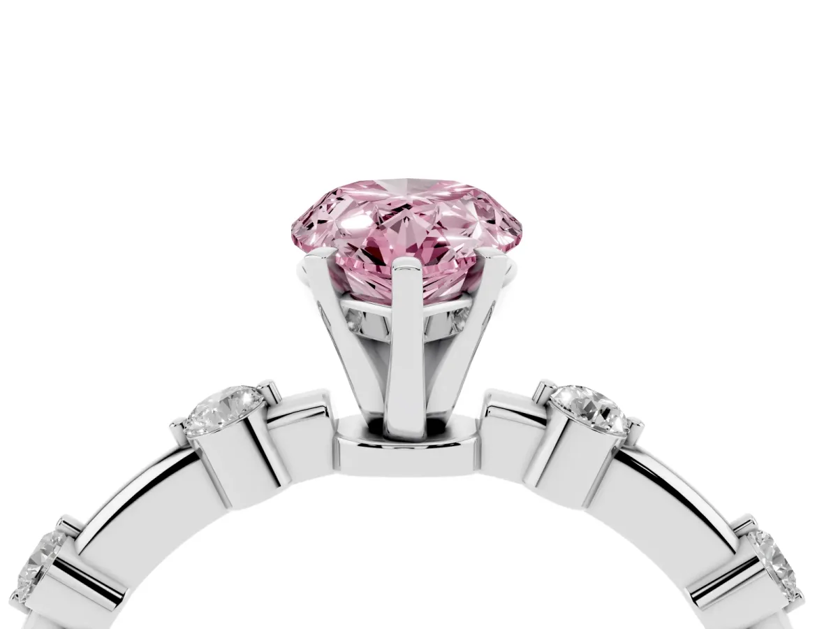 Fancy Pink Pear Cut Solitaire Diamond Ring with Bezel Set Side Stones and Prong Setting Silver