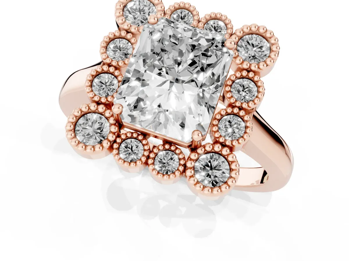 Radiant Cut Halo Diamond Cluster Engagement Ring with Milgrain Bezel Setting and Solitaire Band Rose gold