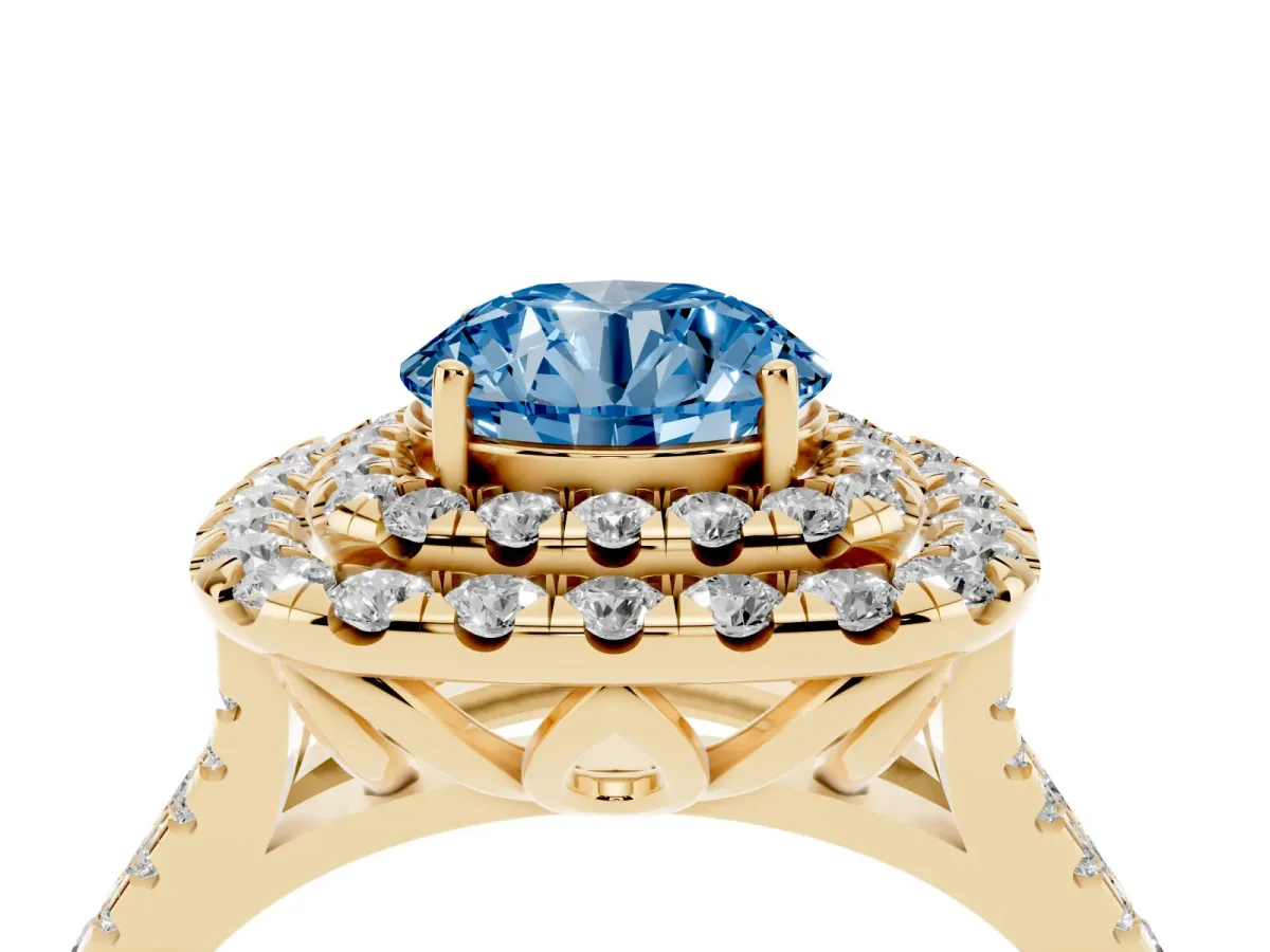 Fancy Blue Double Halo Round Cut Diamond Pavé Split Shank Ring with Prong Setting Yellow gold