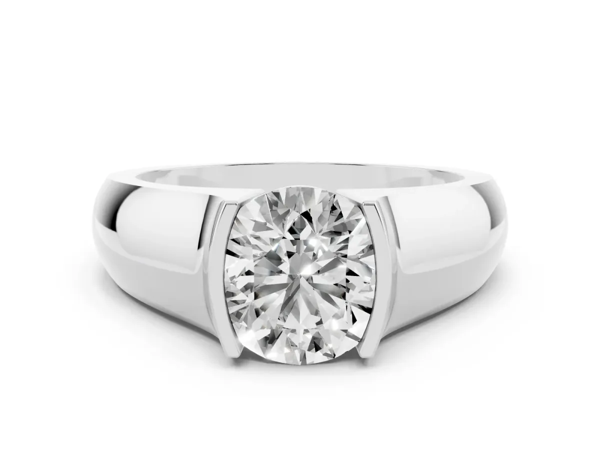 Round Cut Solitaire Bezel Set Diamond Ring with Wide Band Silver