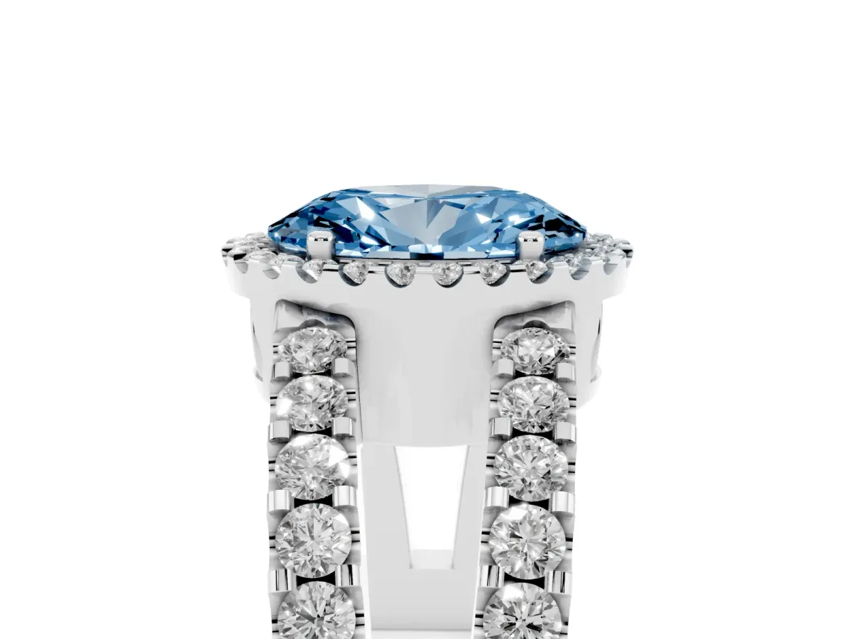 Fancy Blue Oval Cut Cut Halo Split Shank Diamond Ring with Four-Prong Setting Silver