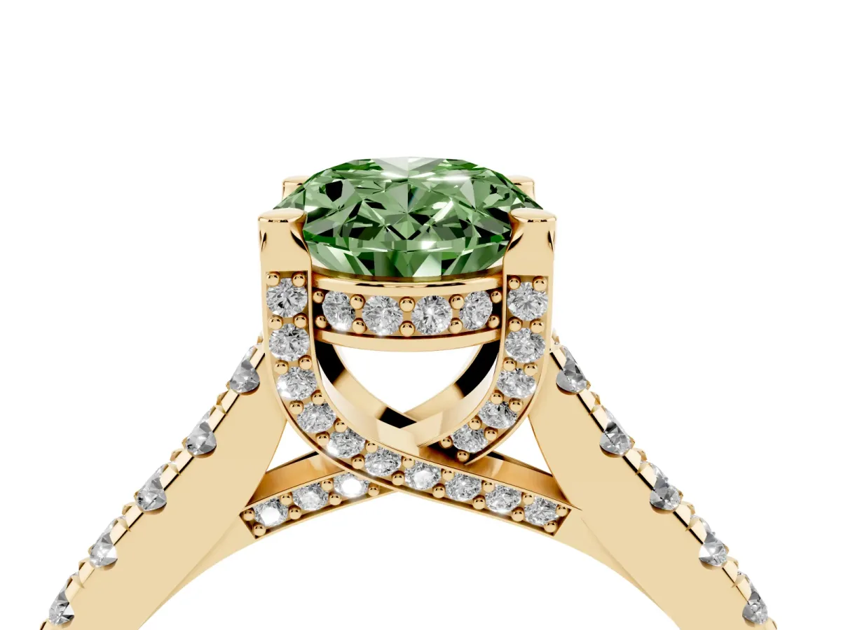 Fancy Green Oval Cut Brilliant Diamond Solitaire with Pavé Band and Four-Prong Setting Yellow gold