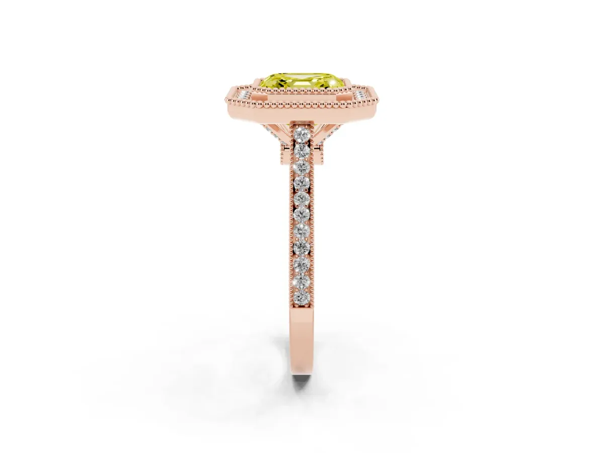 Fancy Yellow Asscher Cut Diamond Halo Ring with Milgrain Frame and Pavé Band Rose gold