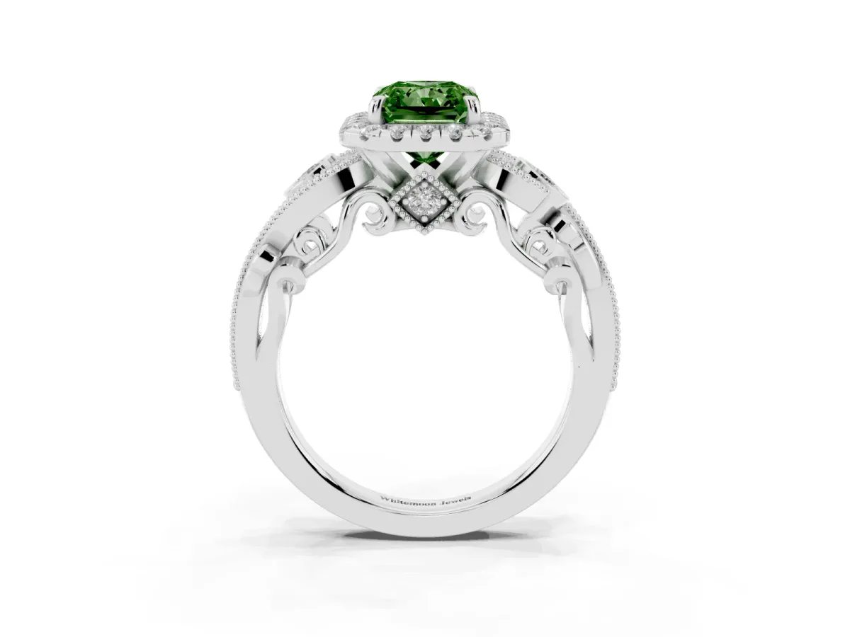Fancy Green Radiant Cut Diamond Halo Ring with Milgrain Pavé Band and Four-Prong Setting Platinum