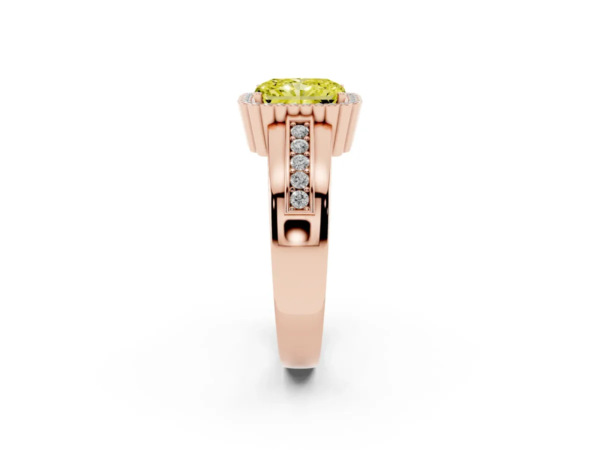 Fancy Yellow Radiant Cut Cut Halo Pave Band Four-Prong Ring Rose gold