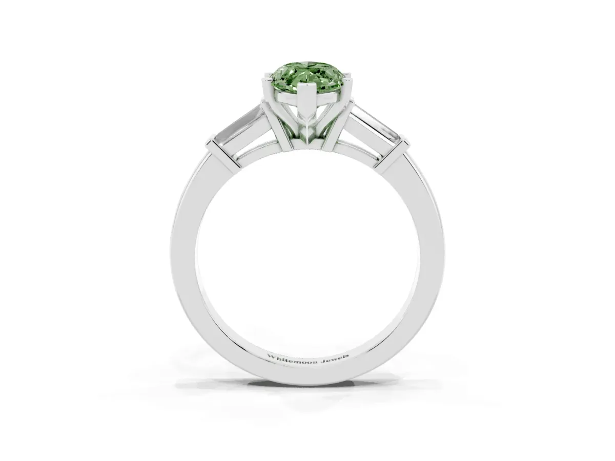 Fancy Green Marquise Cut Cut Diamond Solitaire Ring with Tapered Baguette Accents and Four-Prong Setting Silver