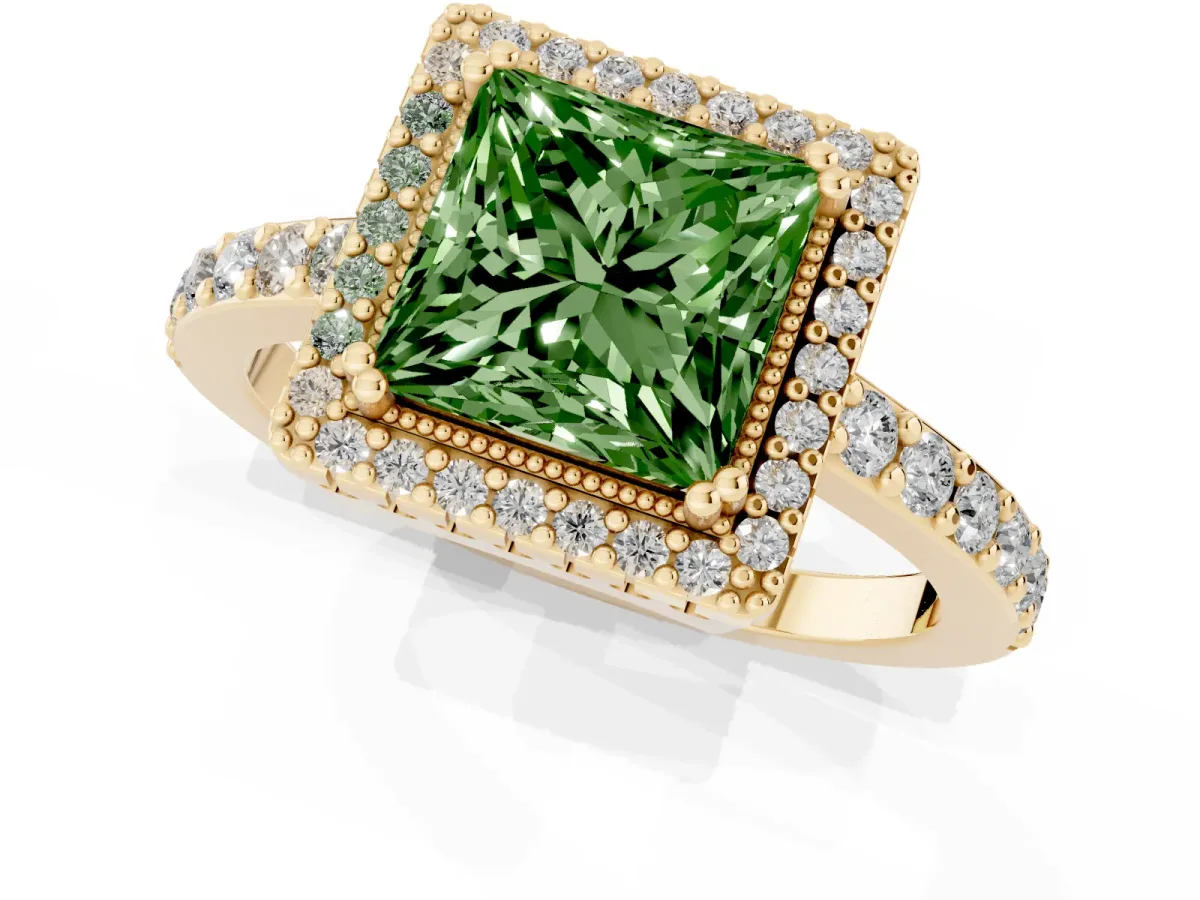Fancy Green Princess Cut Cut Diamond Halo Engagement Ring with Milgrain Detail and Pavé Band Yellow gold