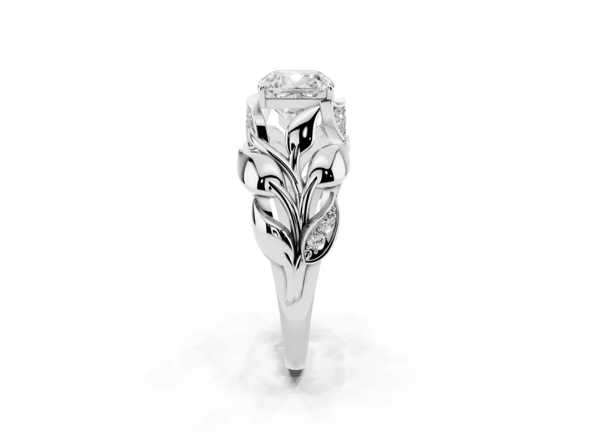 Cushion Cut Diamond Leaf-Inspired Engagement Ring with Round Accents and Prong Setting Silver