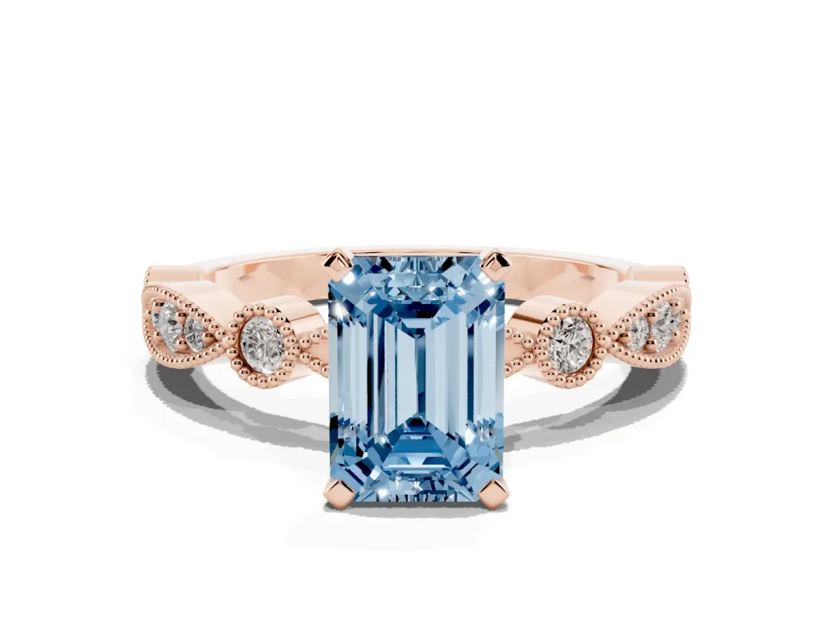Fancy Blue Emerald Cut Milgrain Bezel Diamond Engagement Ring with Solitaire Prong Setting Rose gold