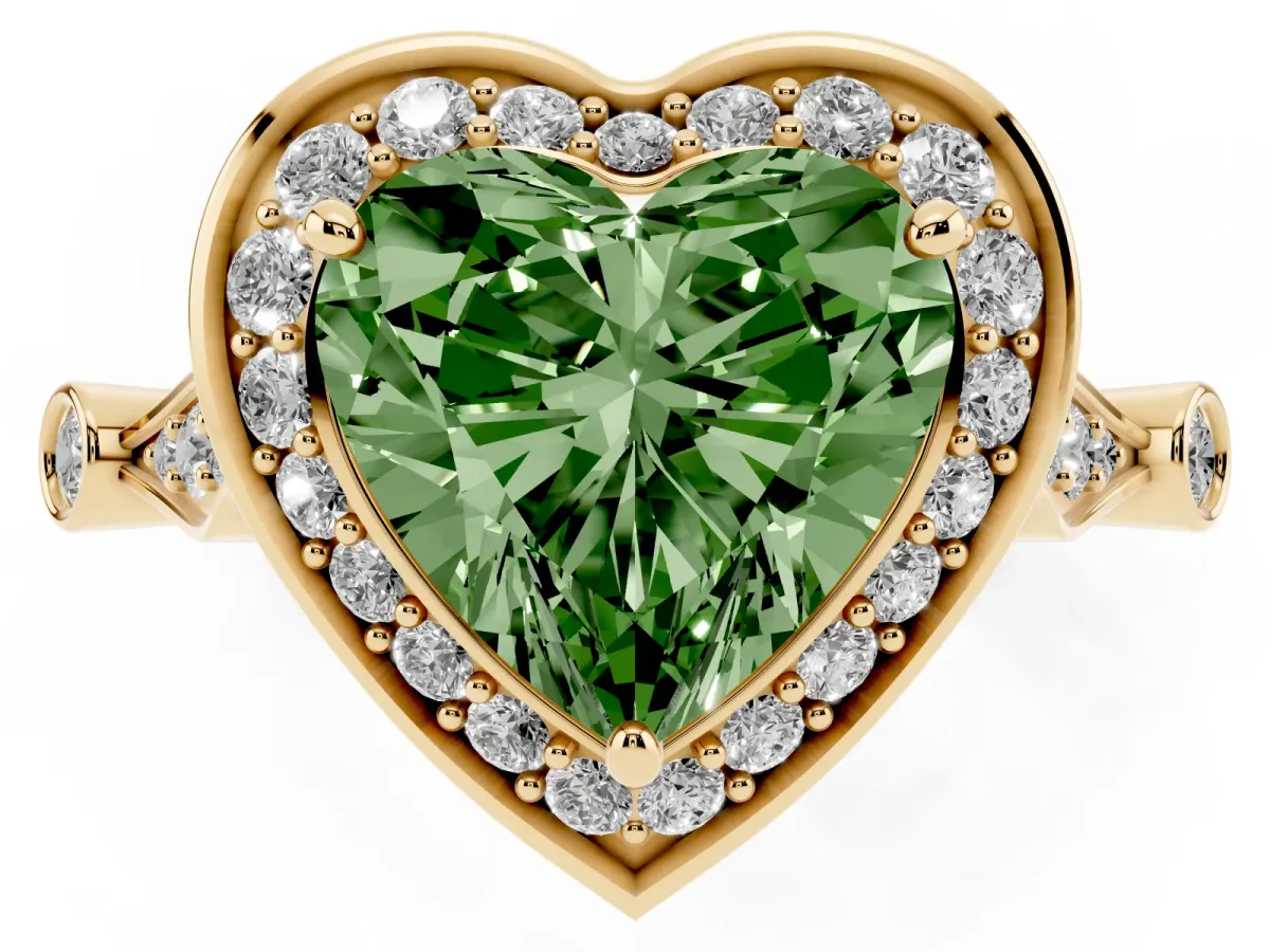Fancy Green Heart Cut Halo Diamond Engagement Ring with Twisted Band and Four-Prong Setting Yellow gold