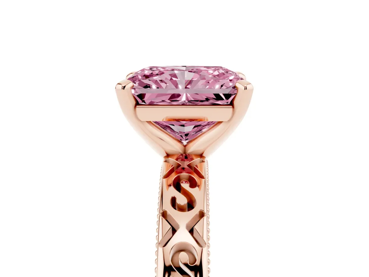 Fancy Pink Radiant Cut Solitaire Engagement Ring with Scrollwork Band and Four-Prong Setting Rose gold
