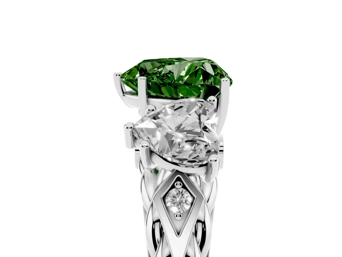 Fancy Green Three-Stone Heart Cut Diamond Braided Band Ring with Four-Prong Setting Silver