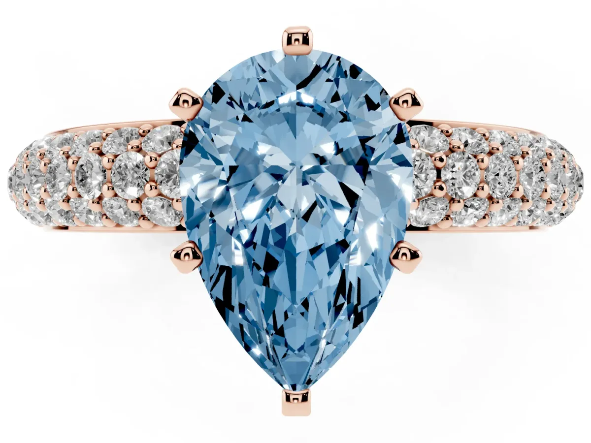 Fancy Blue Pear Cut Diamond Solitaire Ring with Prong Setting and Pavé Band Rose gold