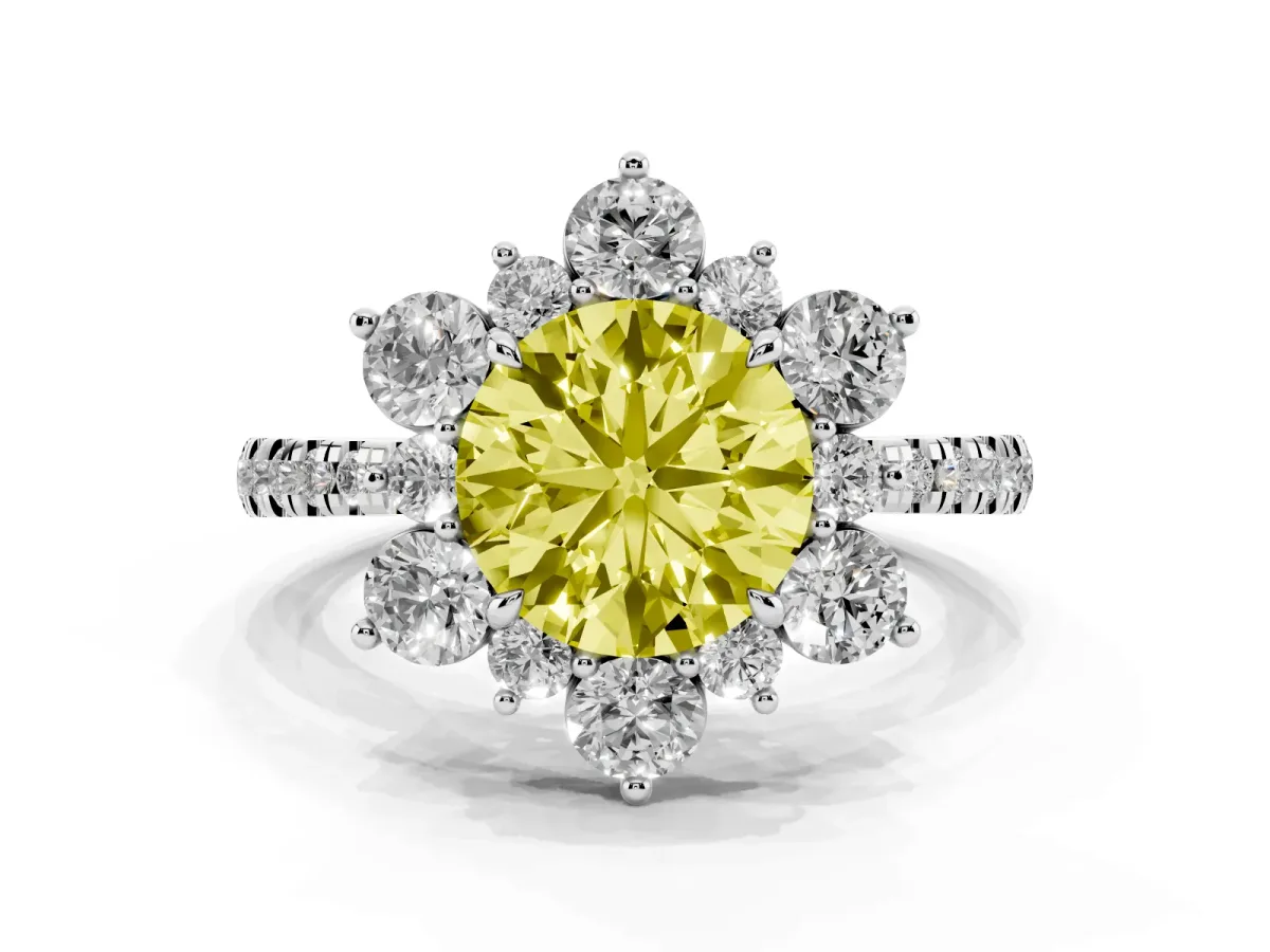 Fancy Yellow Round Cut Diamond Floral Halo Ring with Round Pavé Band and Prong Setting Silver