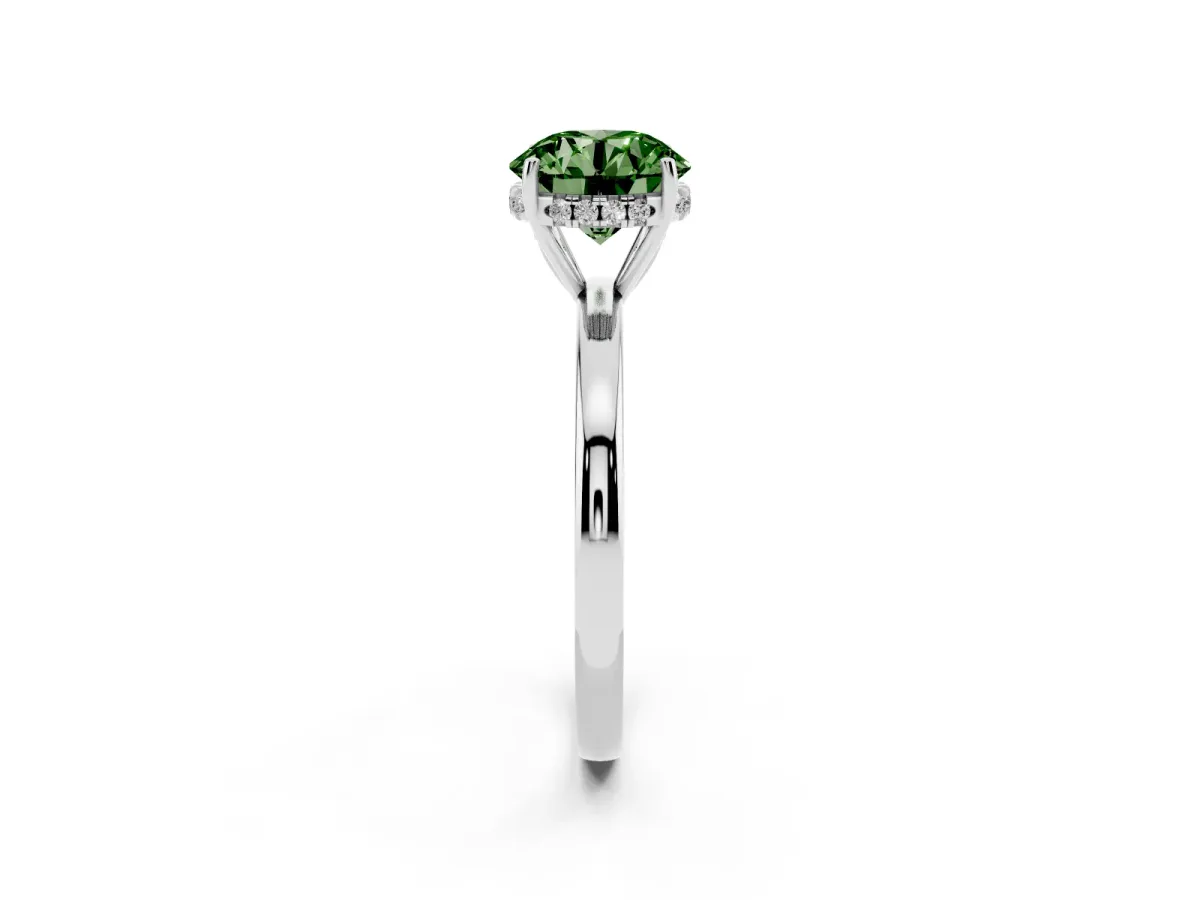 Fancy Green Round Cut Solitaire Diamond Ring with Prong Setting and Plain Band Silver