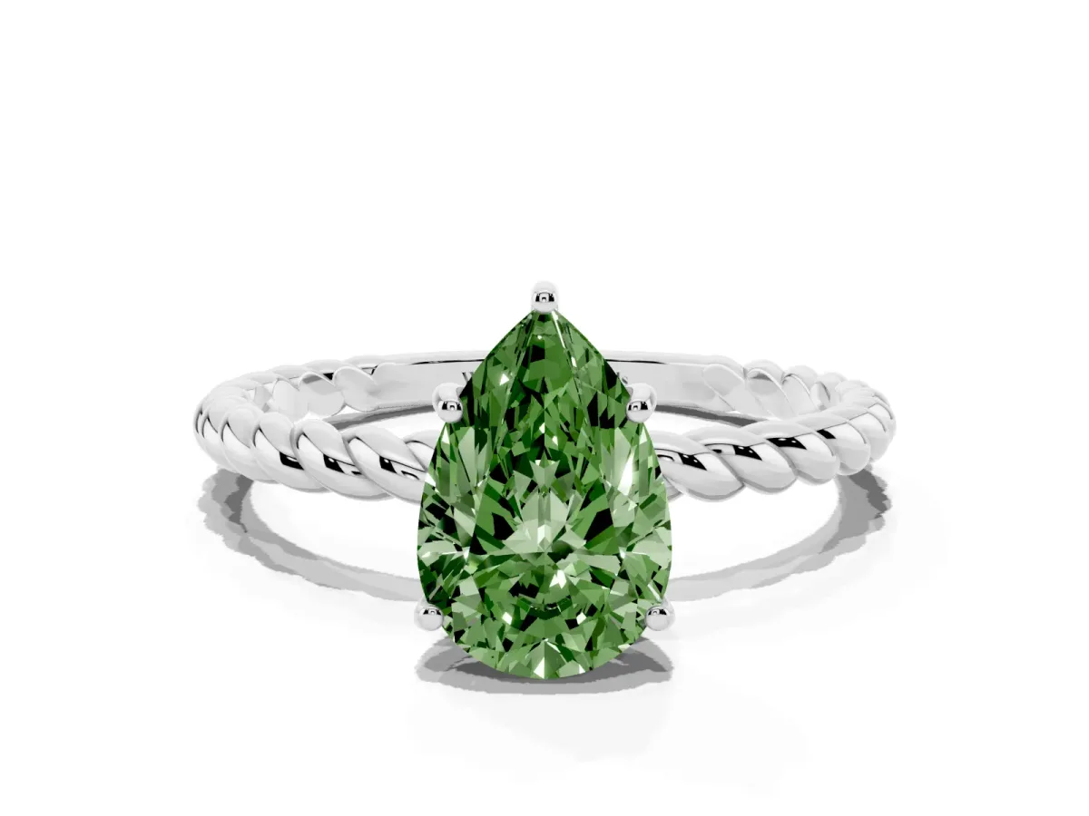 Fancy Green Pear Cut Solitaire Twist Band Ring with Four-Prong Setting Platinum