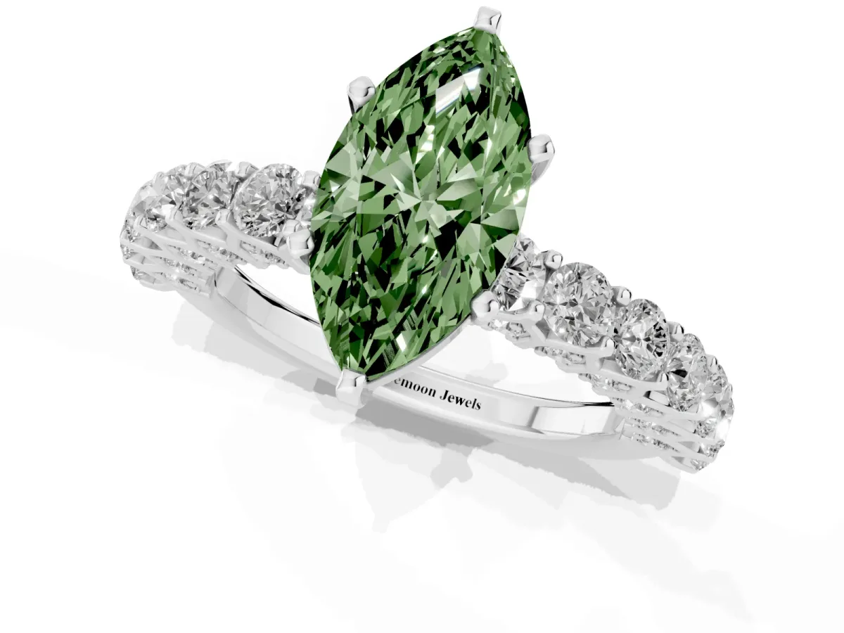Fancy Green Marquise Cut Diamond Solitaire Ring with Shared Prong Pavé Band and Four-Prong Setting White gold