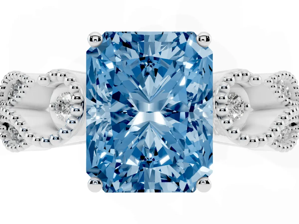 Fancy Blue Radiant Cut Solitaire Milgrain Leaf Band with Prong Setting White gold