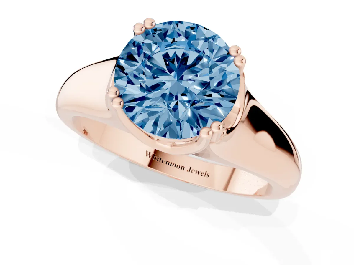 Fancy Blue Round Cut Diamond Solitaire Ring with Wide Band and Prong Setting Rose gold