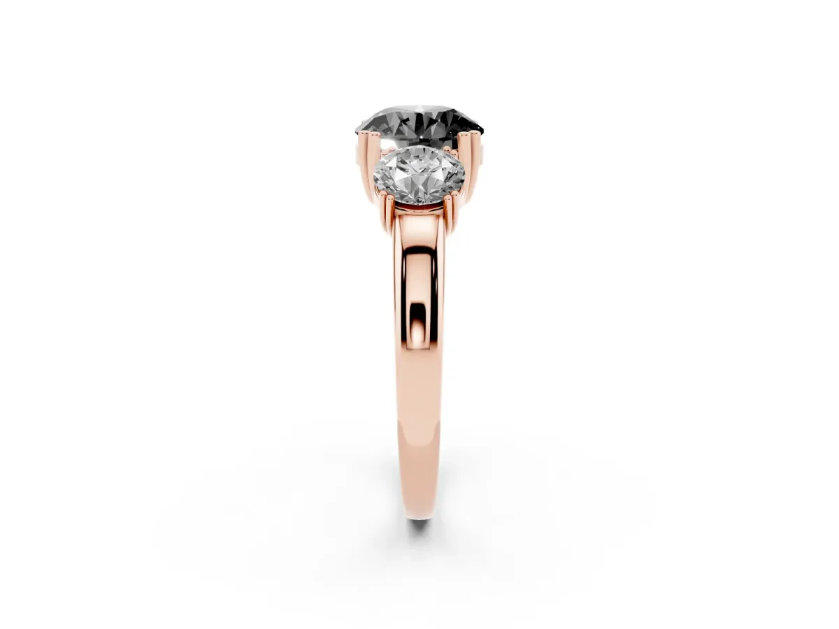 Fancy Black Three-Stone Round Cut Cut Diamond Ring with Channel Set Band and Four-Prong Setting Rose gold