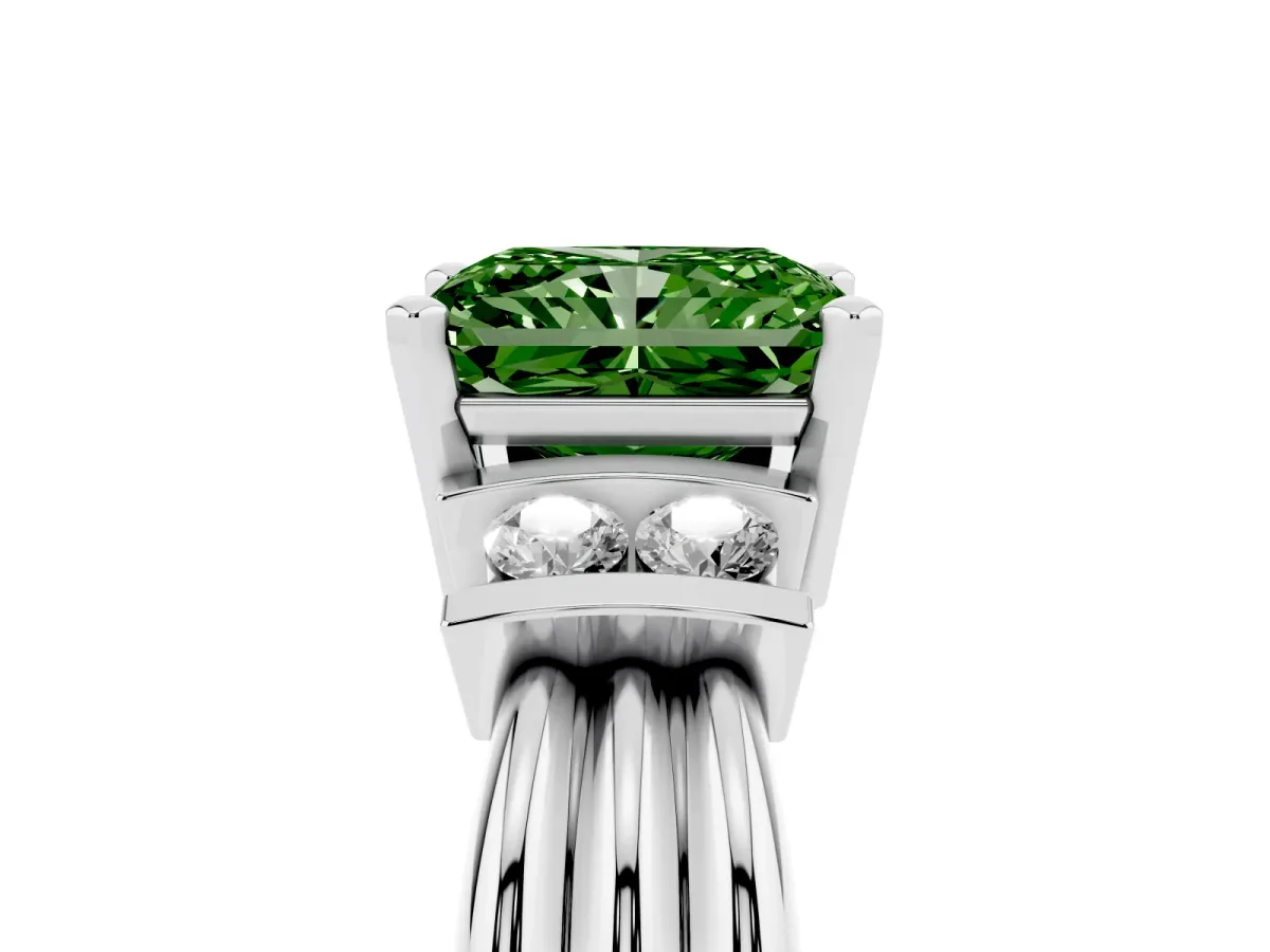 Fancy Green Radiant Cut Cut Three-Stone Channel Set Ring with Bar Prongs Silver