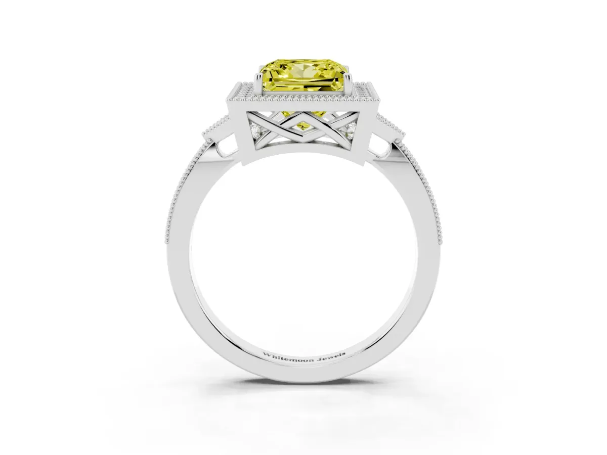Fancy Yellow Princess Cut Halo Round Diamond Milgrain Pave Engagement Ring Platinum