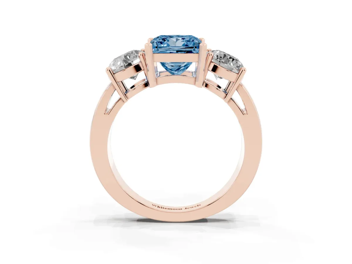 Fancy Blue Three-Stone Princess Cut Diamond Ring with Round Side Stones, Classic Band, and Four-Prong Setting Rose gold