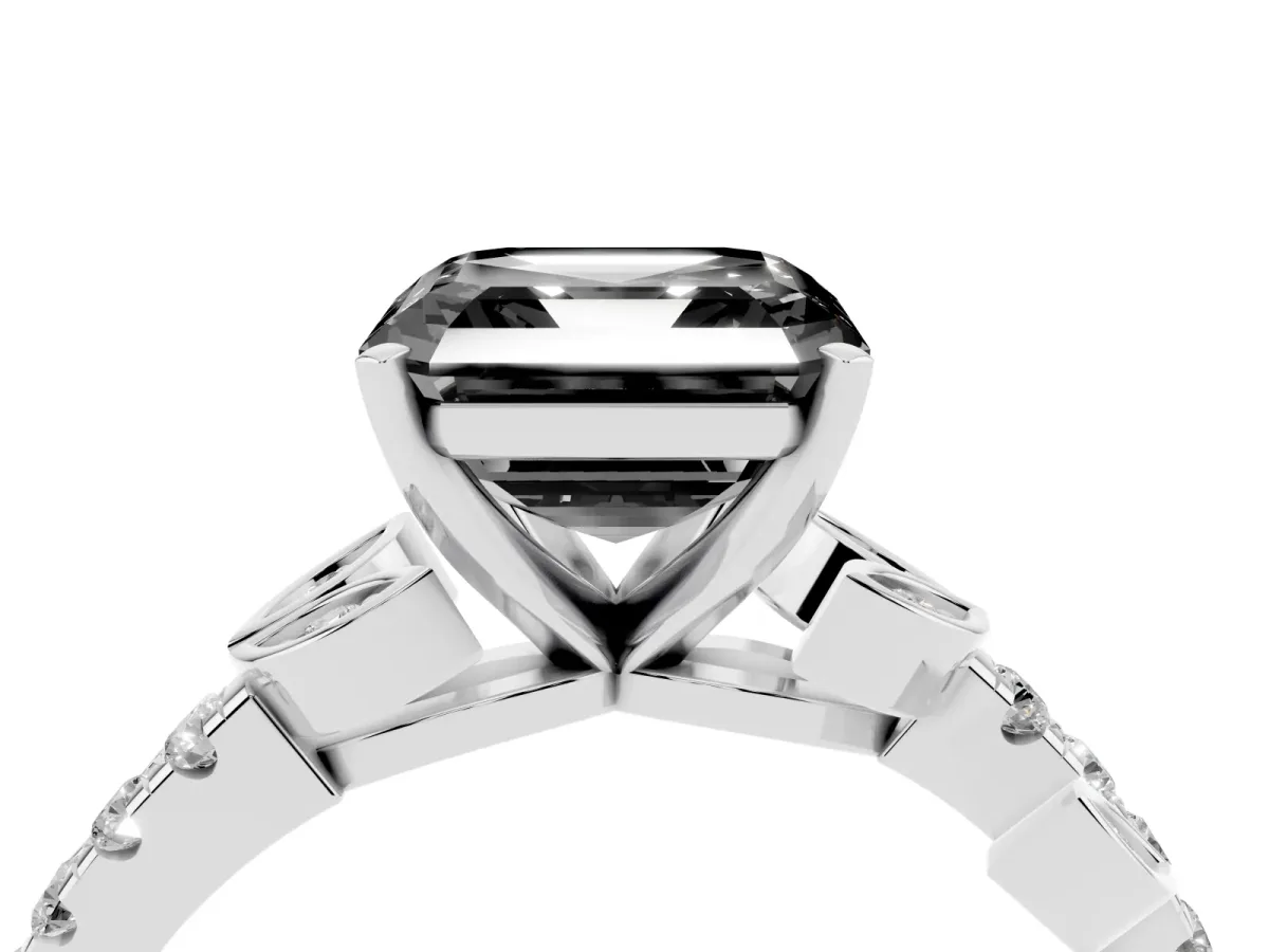 Fancy Black Asscher Cut Solitaire Leaf-Inspired Diamond Ring with Pavé Band and Four-Prong Setting Silver